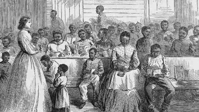 black and white drawing of 19th century white school teacher and her African American students. 