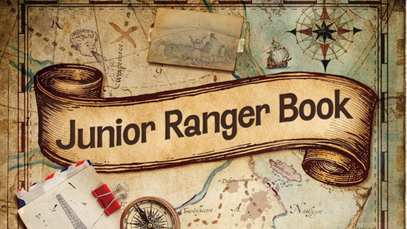 A graphic of a junior ranger book cover with the words Junior Ranger Book on the front