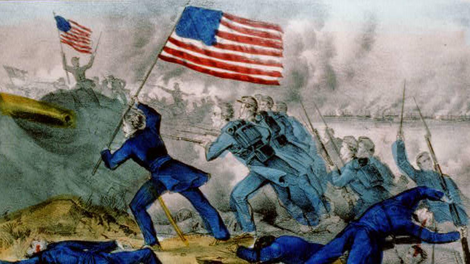 A painting of a battle with men in blue clothing charging towards another group in grey