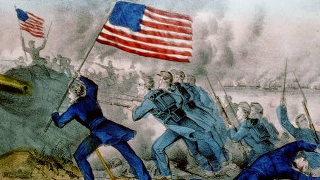 A painting of a battle with men in blue clothing charging towards another group in grey