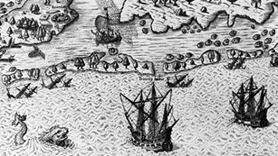 Contemporary illustration of 1584 English arrival