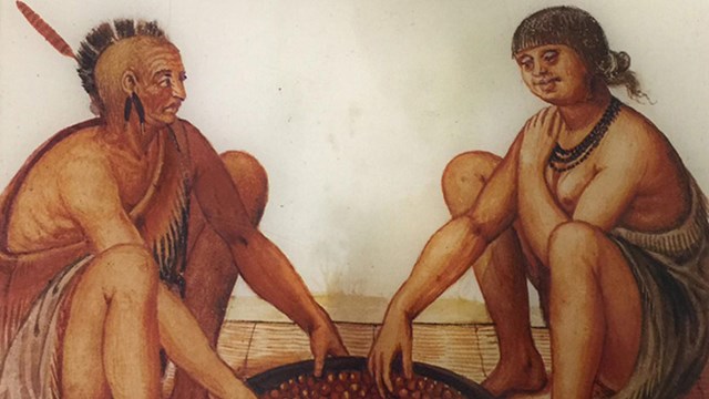 A watercolor of two Carolina Algonquin-speaking people