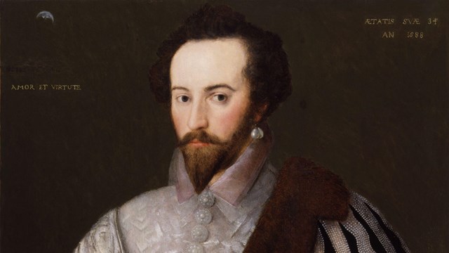 A historical portrait of Walter Raleigh wearing black and white with a pearl earring in his left ear