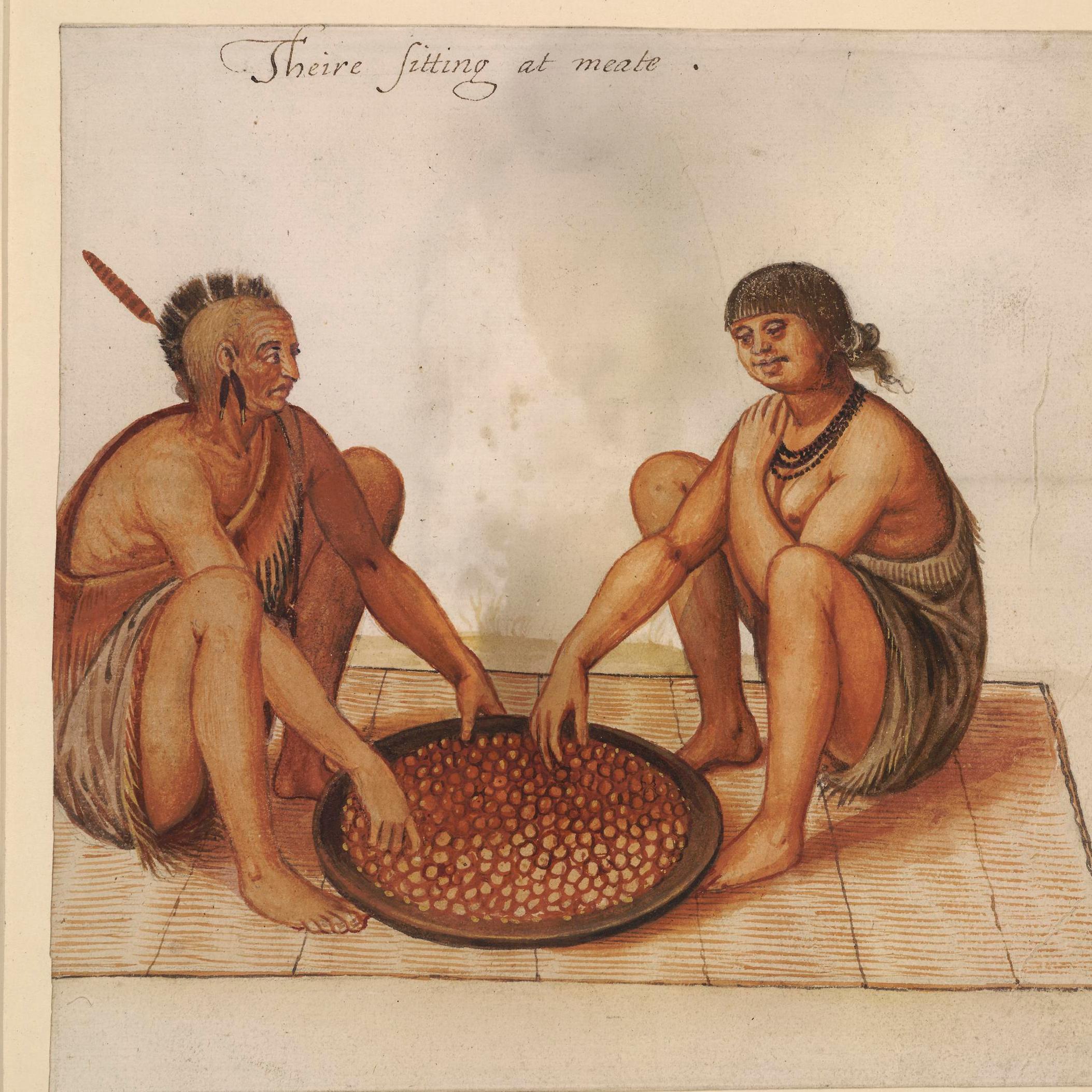 A painting of two Algonquian people, male and female, around a large bowl of berries.