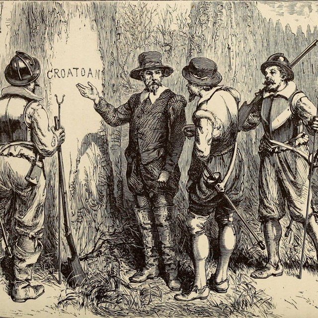 An etching of four men looking at the word 