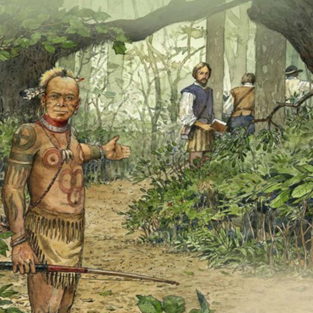 color painting of a lush green forest of Native Americans and European settlers exploring 