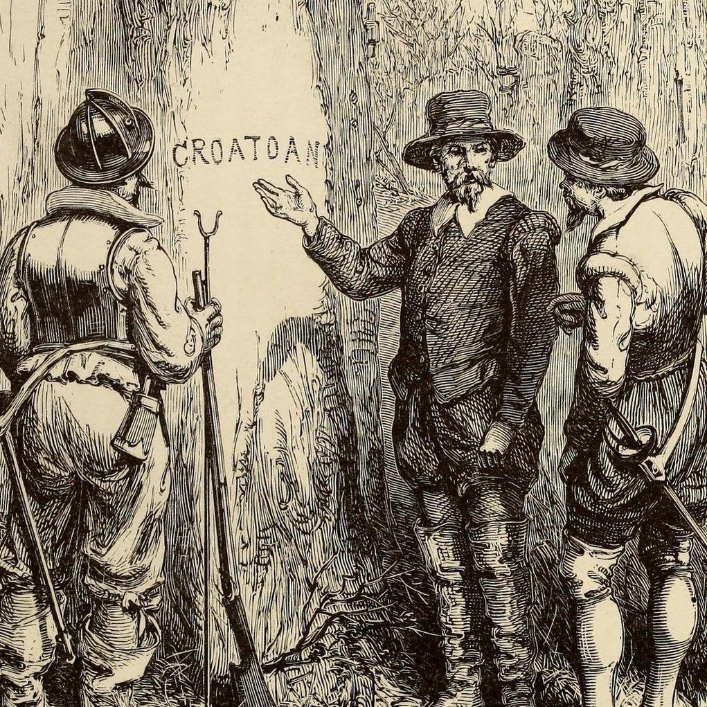 An etching of four men looking at the word 