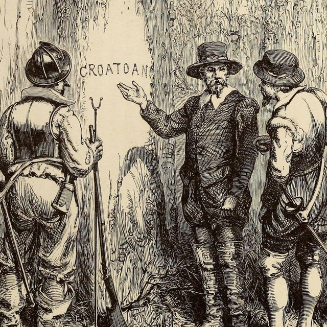 An etching of four men looking at the word 