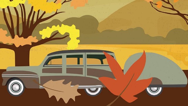 Poster of an old-fashioned car driving past fall foliage with text reading "Recreate Responsibly"