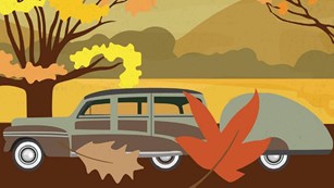 Poster of an old-fashioned car driving past fall foliage with text reading 