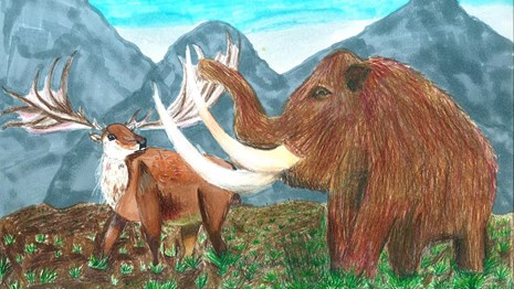 mammoth and elk-like mammal with antlers in alpine landscape