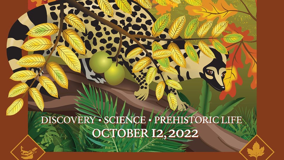 National Fossil Day poster with brown border and scene of prehistoric forest plants and animals.
