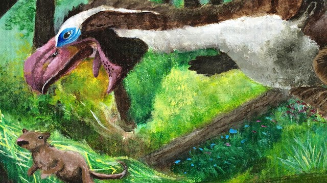 painting of a large prehistoric bird-like animal hunting a smaller rodent-like animal