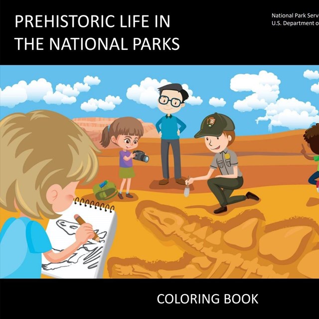 cover of coloring book with text Prehistoric Life in the national parks and cartoon scene
