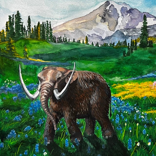 painting of a mammoth standing in a alpine meadow