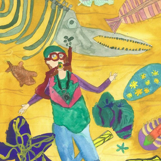 painting of person diving with fossil fish