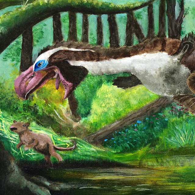 painting of a large prehistoric bird-like animal hunting a smaller rodent-like animal