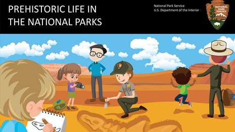 cover of coloring book with cartoon drawing of rangers and kids looking at fossils
