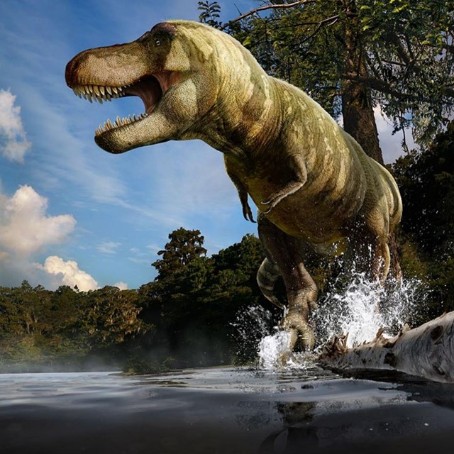 artist rending of prehistoric with dinosaurs in a river