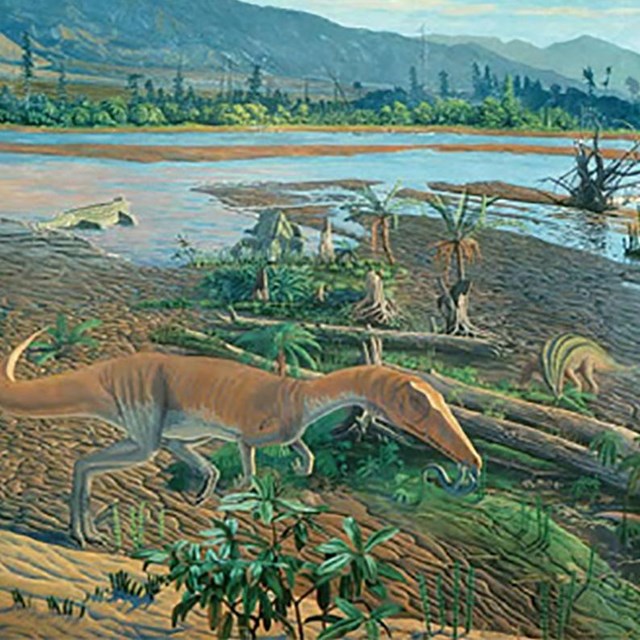 artist rending of prehistoric with dinosaurs in quick sand
