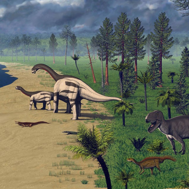 mural depicting a jurassic landscape and animals