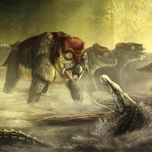 painting depicting a prehistoric hippos and a crocodile in a dim swamp
