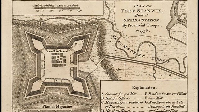 An old map with a fort drawn from above on it and rivers surrounding it. 