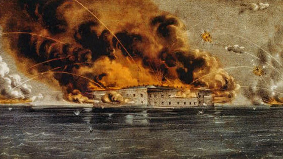 A colored depiction of Fort Sumter aflame and offering return cannon fire