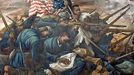 Battle scene, depicting the 54th Massachusetts assault Fort Wagner. Men gathered around dying Col.