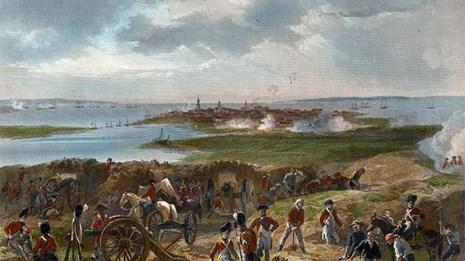 Portrait of British siege lines firing on the city of Charleston with Royal Navy ships in rivers