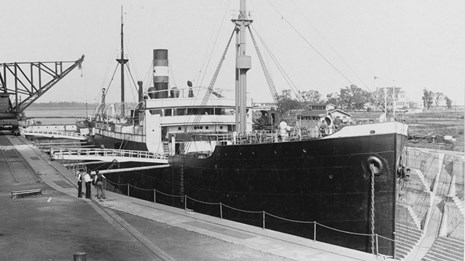 Black and white photograph of SS Liebenfels, German freighter, in dry dock