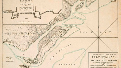 A map of the British naval attack on Charleston, showing the fort on Sullivan's Island and the ships