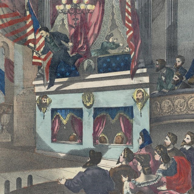 Color lithograph of Booth jumping from the theatre box