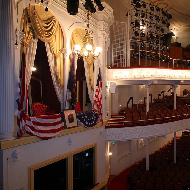 Recreated state box and audience seating at today's Ford's Theatre