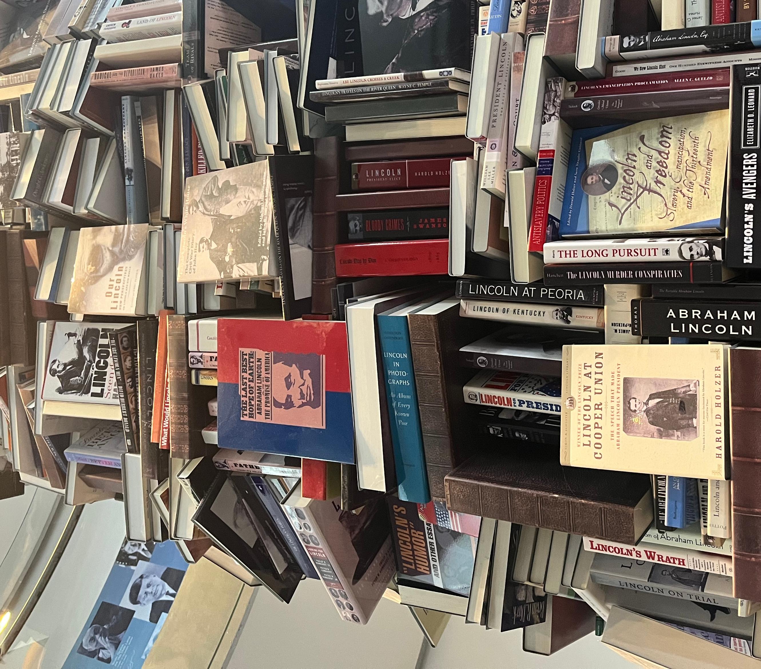 A tower of various books about Abraham Lincoln