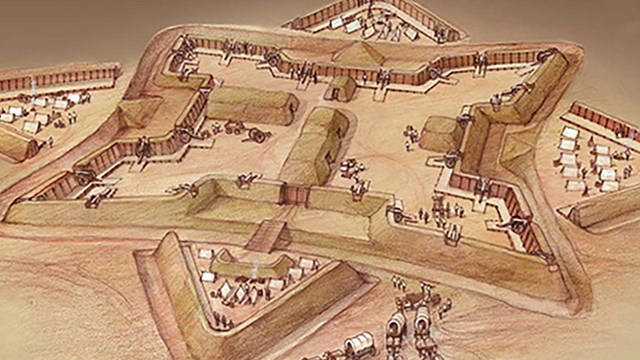 Drawing of star-shaped earthen fort with eight points and tents inside and wagons outside