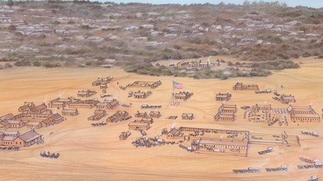 Drawing of brown fort buildings on flat plain in front of tree-covered mesa