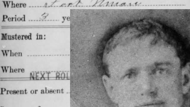 Image of Civil War soldier wearing bandanna around neck with soldier muster roll in background
