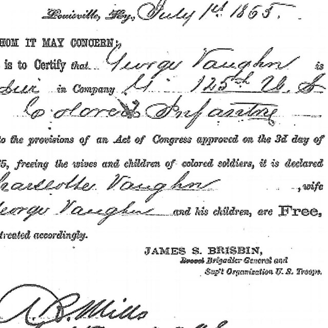 Image of government document freeing family of runaway slave and U.S. soldier George Vaughn