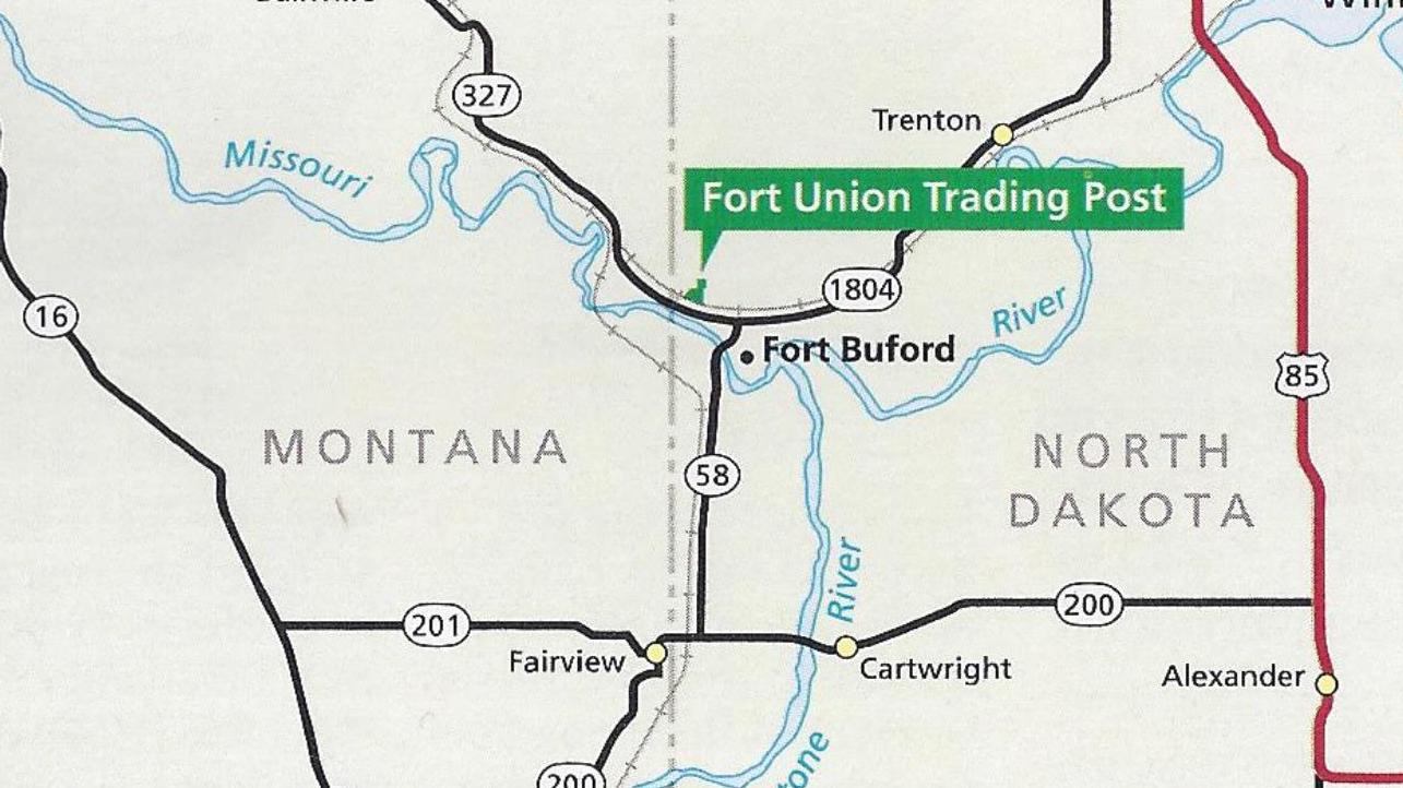 Line drawing road map, Fort Union In center, Williston, ND in top right, Sidney, ND bottom Left 