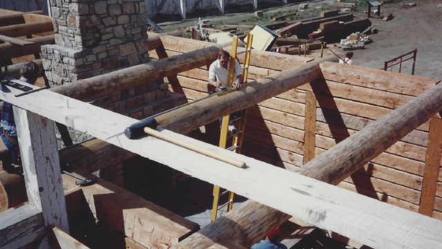 Building the Trade House roof in 1991.
