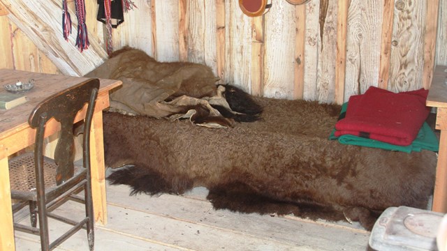 Buffalo robe covers a camp cot inside a wood sided shack