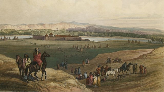 Men and Women on both horseback and foot walking through hills to Fort Union