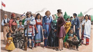 An illustration of a diverse group of people in front of Fort Vancouver in the 1840s.
