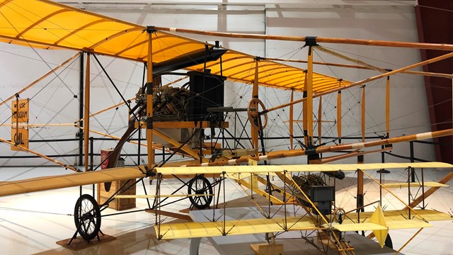 The Curtiss Pusher biplane on display at Pearson Air Museum.