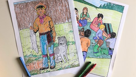 Two colored in pages with scenes from Fort Vancouver.