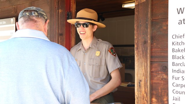 A park ranger greets visitors at the Fort Vancouver Contact Station.