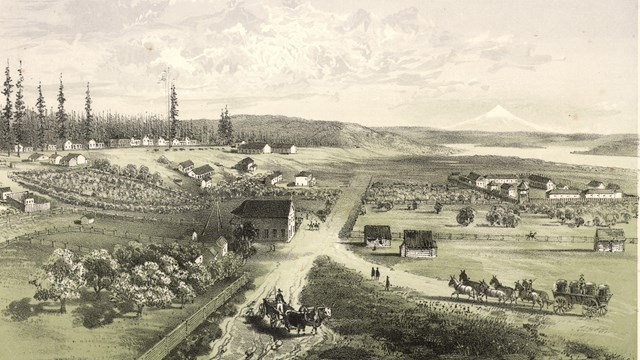 A lithograph showing Fort Vancouver, Vancouver Barracks, the Columbia River and Mount Hood.