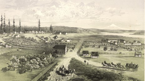 A lithograph showing Fort Vancouver, Vancouver Barracks, the Columbia River and Mount Hood.