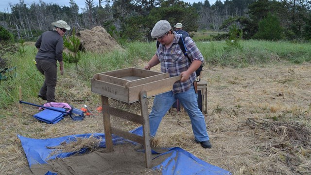 Archaeology students working in a sandy, coastal area.